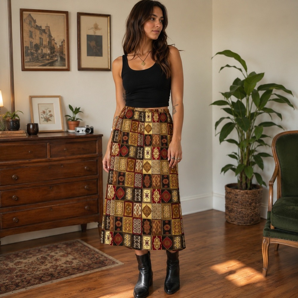 Sharon Young Patchwork Tapestry Print Midi Skirt Size 14 Burgundy Gold 8377-39